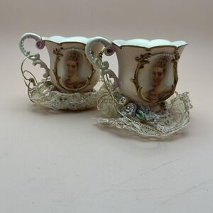 Vintage Miniature Teacup Ornaments, Victorian Design, Lace & Sequins